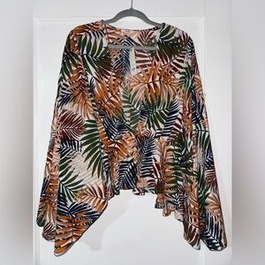 Francesca's Collections Asymmetrical Leaf Print Top - Green, Brown, Orange